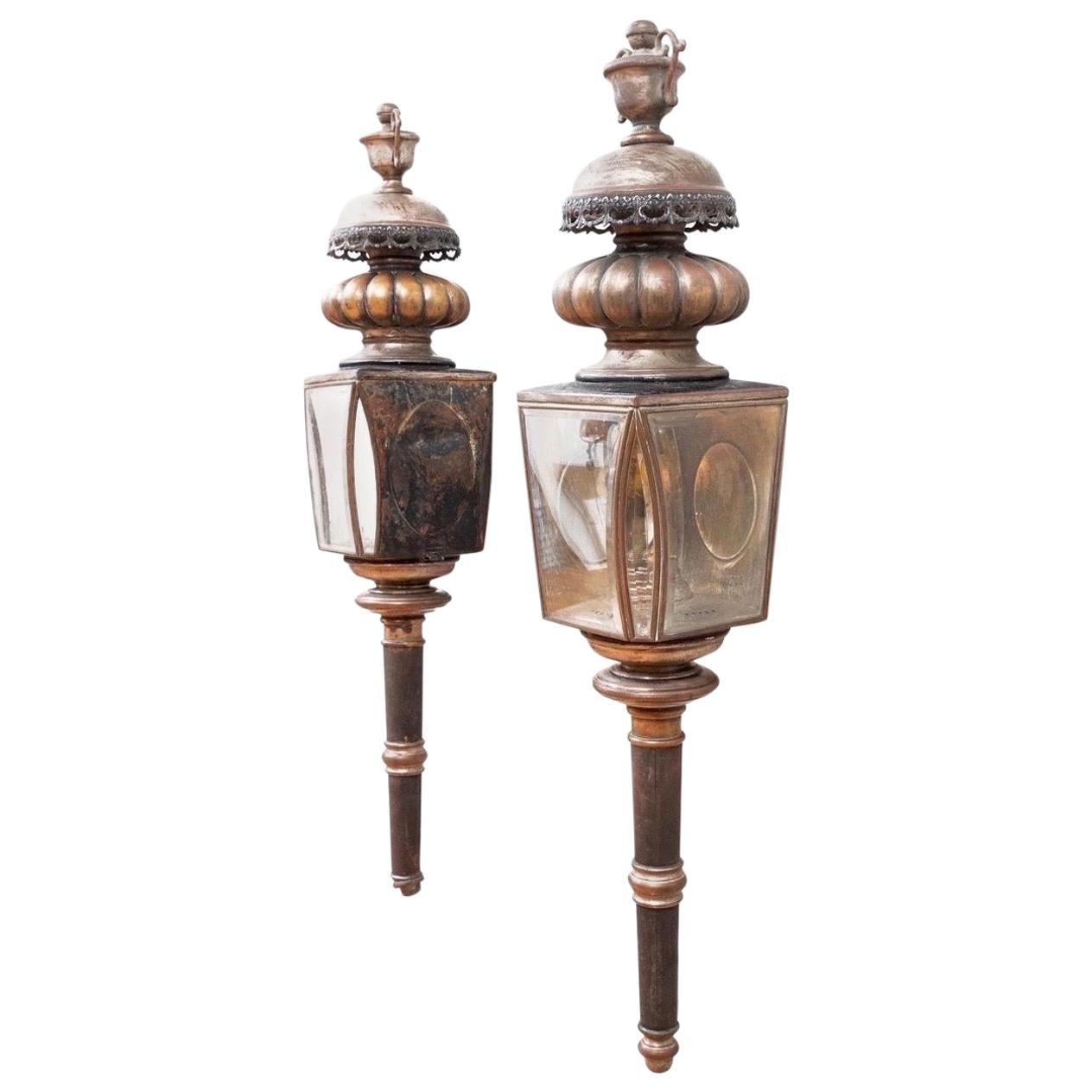 Pair of American Coach Lanterns with Urn Finials For Sale