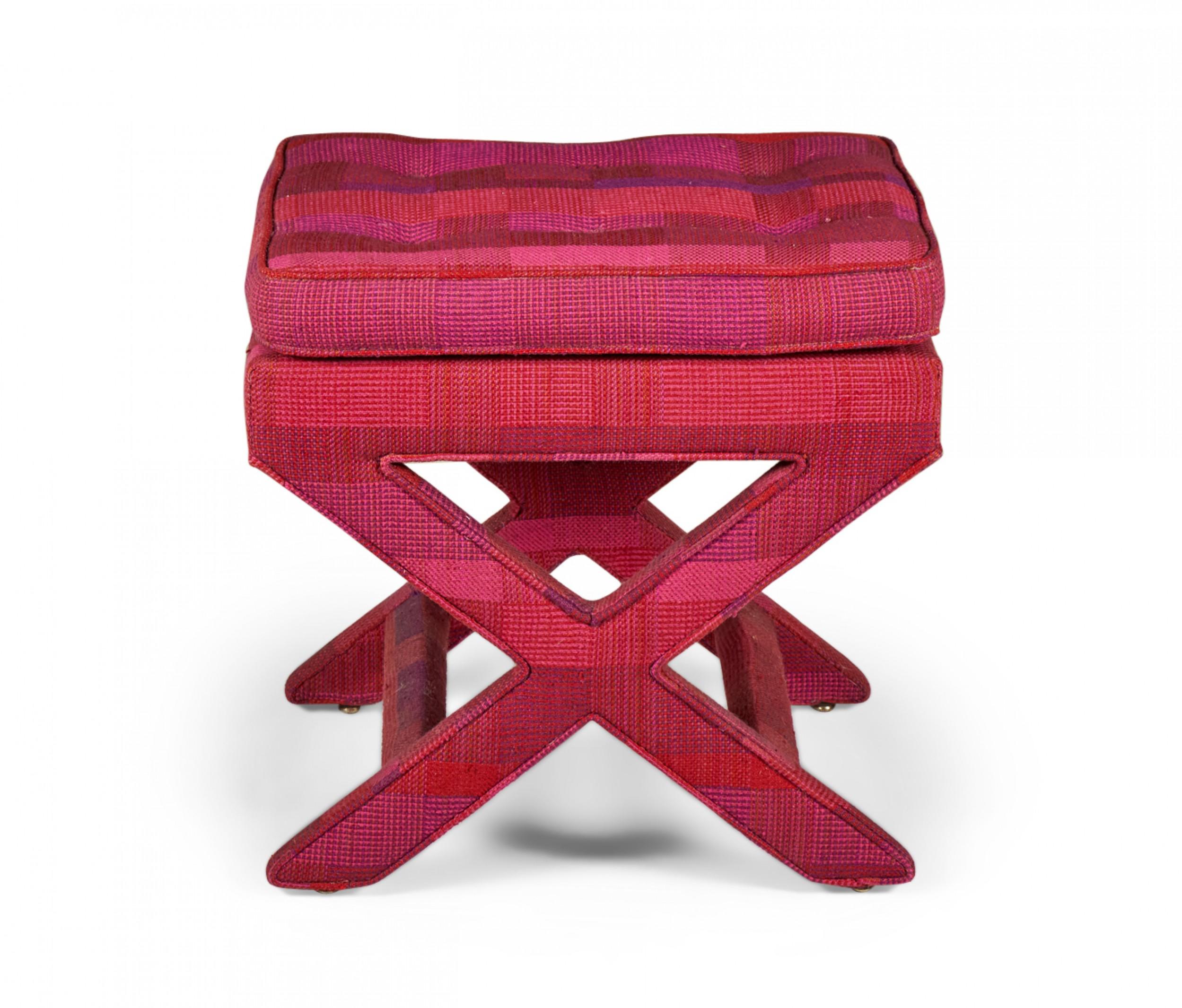 Pair of American Contemporary x-base benches, fully upholstered in a woven fabric in organic stripes of various shades of magenta with button tufted seats. (manner of BILLY BALDWIN)(PRICED AS PAIR)