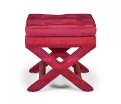 Pair of American Contemporary Magenta Upholstered X-Base Tufted Benches