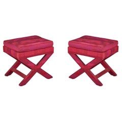 Vintage Pair of American Contemporary Magenta Upholstered X-Base Tufted Benches