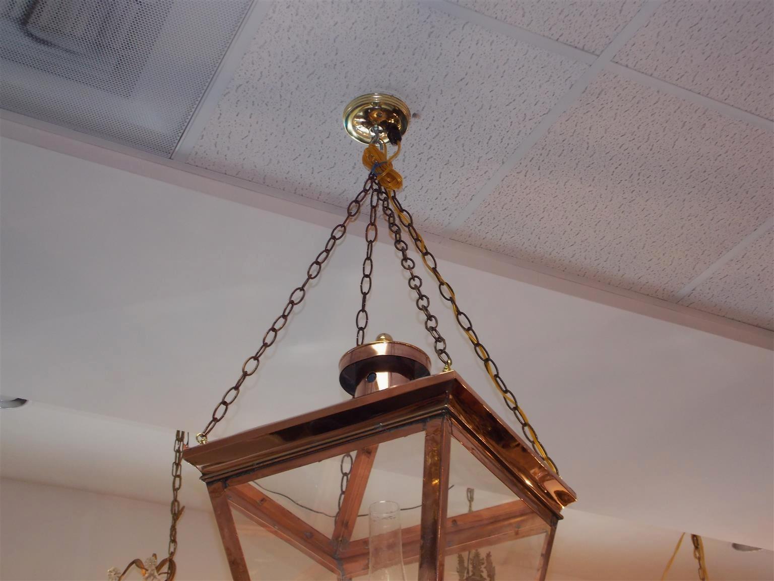 American Colonial Pair of American Copper and Brass Hanging Glass Lanterns, Orig Gas, Circa 1810 For Sale