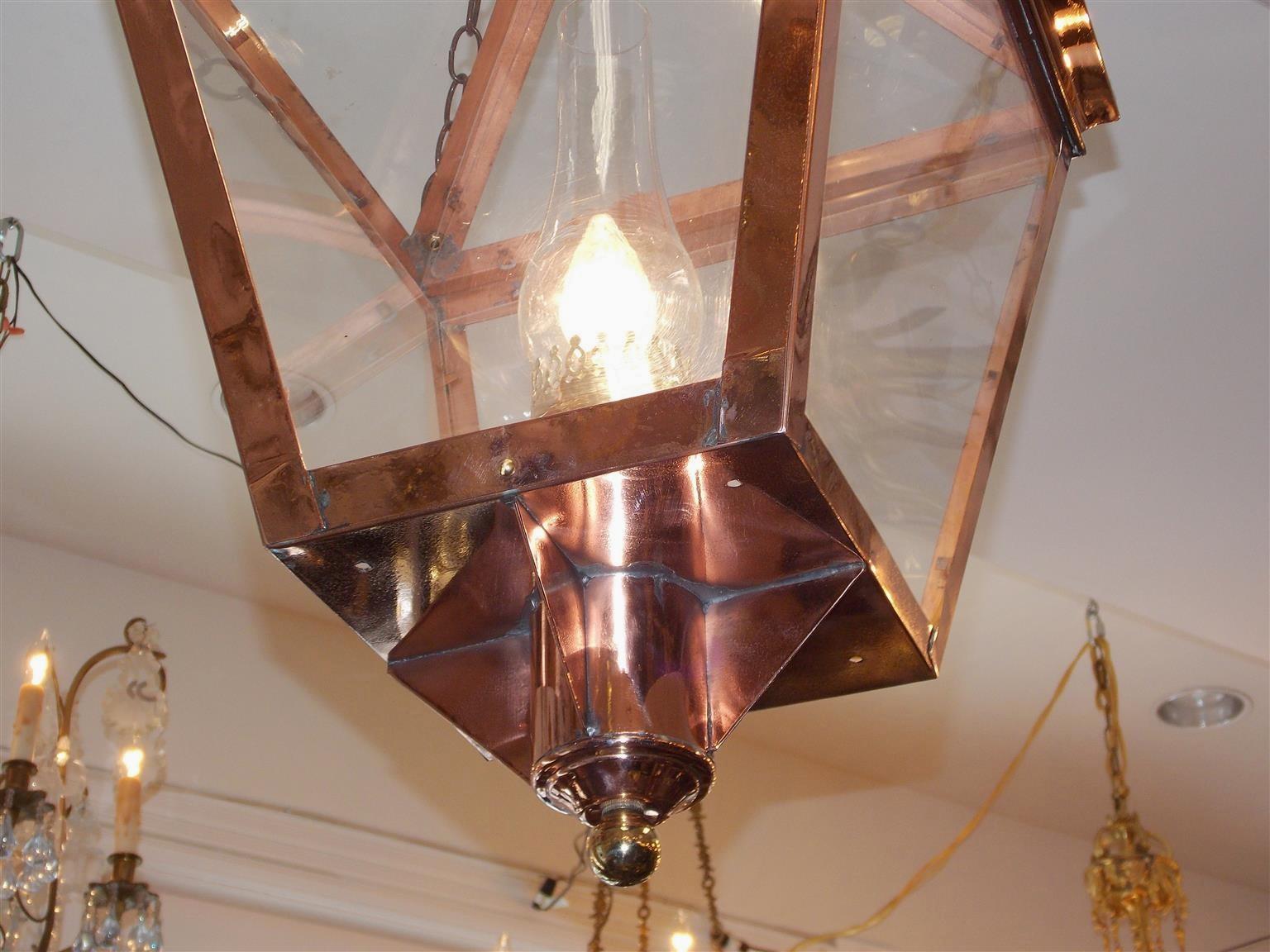 Cast Pair of American Copper and Brass Hanging Glass Lanterns, Orig Gas, Circa 1810 For Sale