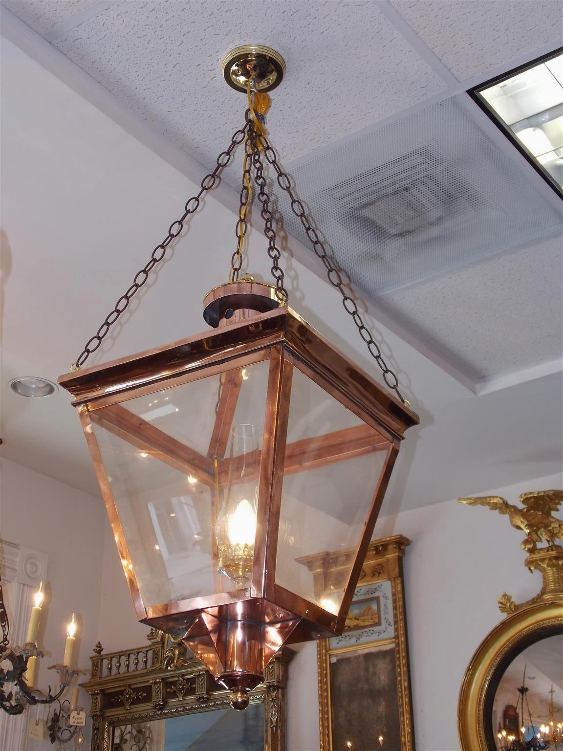 Pair of American Copper and Brass Hanging Glass Lanterns, Orig Gas, Circa 1810 In Excellent Condition For Sale In Hollywood, SC