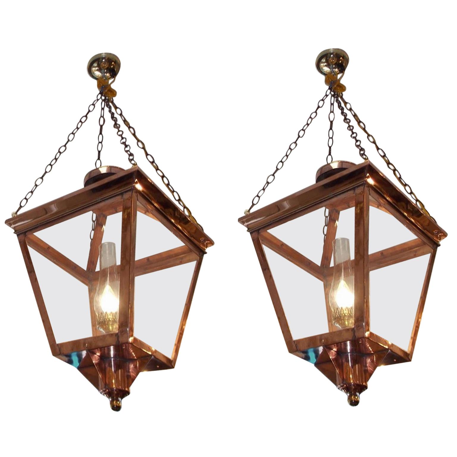 Pair of American Copper and Brass Hanging Glass Lanterns, Orig Gas, Circa 1810