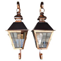 Pair of American Copper Gas Wall Lanterns with Flanking Scrolled Brackets 20th C