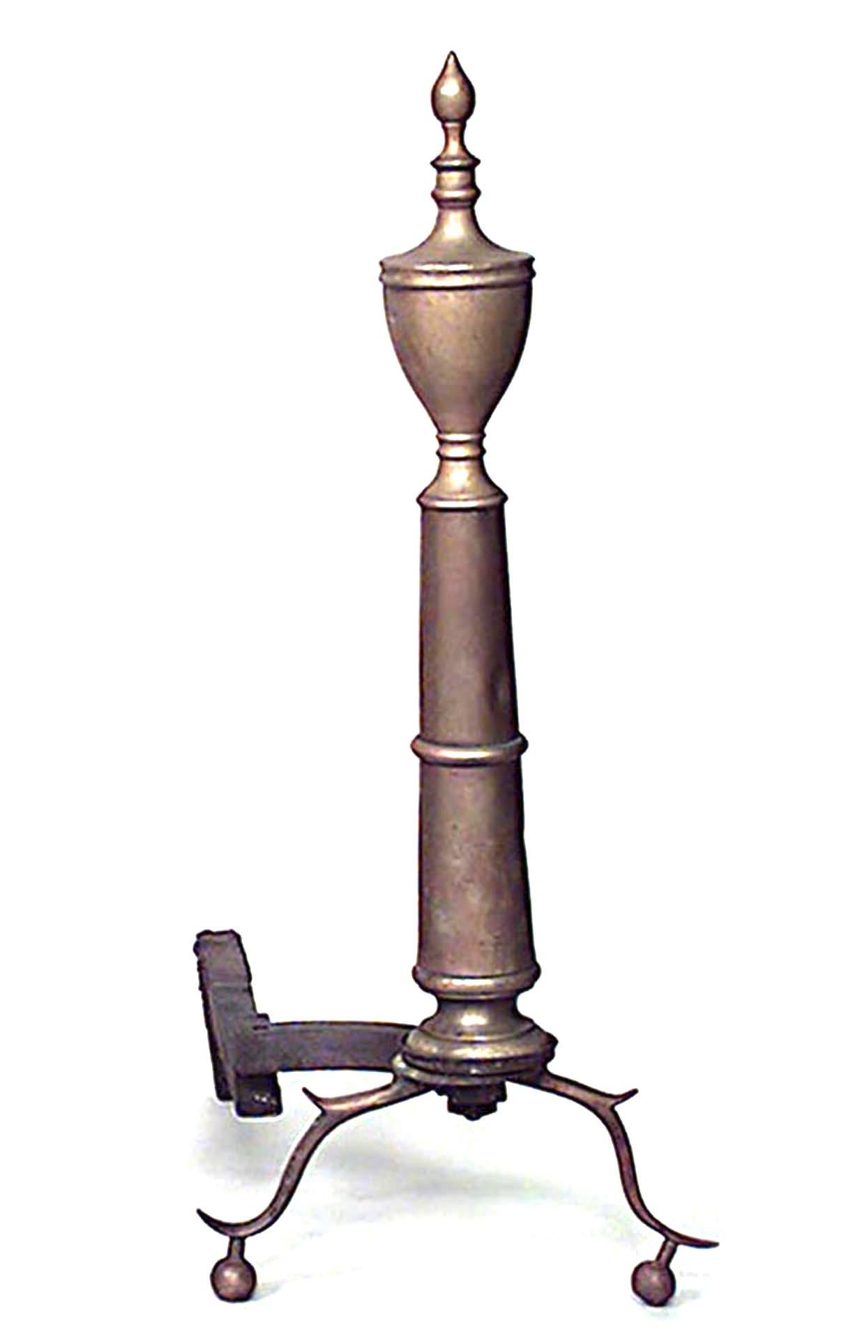 PAIR of American Country-style (19th Century) brass andirons with urn top. (PRICED AS PAIR)