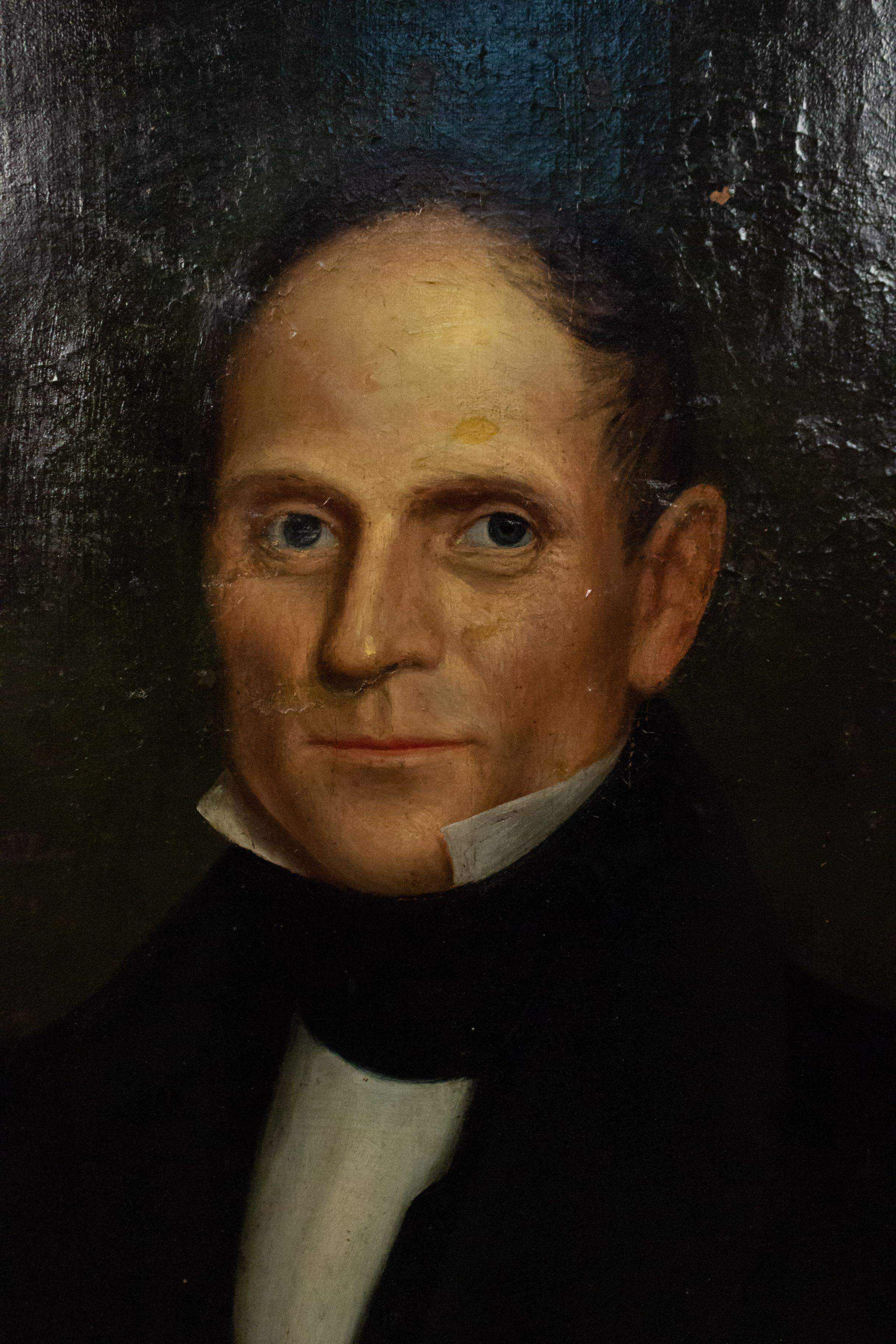 PAIR of American Country gilt framed oil paintings portraits of lady in lace and man with black collar (19th Cent)