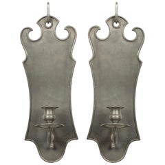 Antique Pair of American Country Pewter Pediment Top Wall Sconces