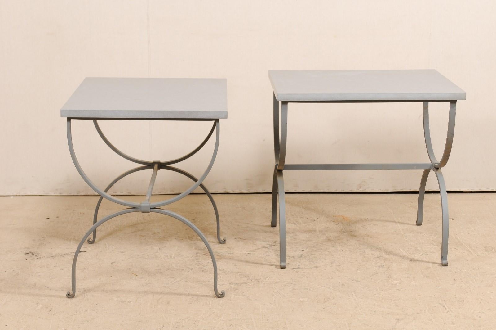 Pair of American Custom Iron Occasional Curule Tables with Stone Tops 5