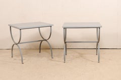 Pair of American Custom Iron Occasional Curule Tables with Stone Tops