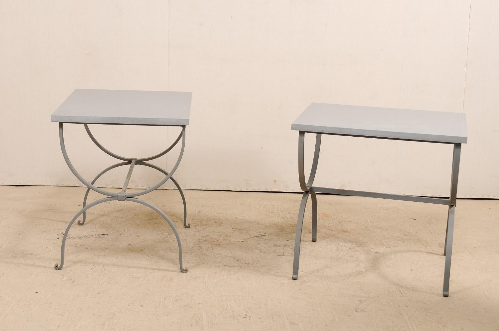 Pair of American Custom Iron Occasional Curule Tables with Stone Tops In Good Condition In Atlanta, GA