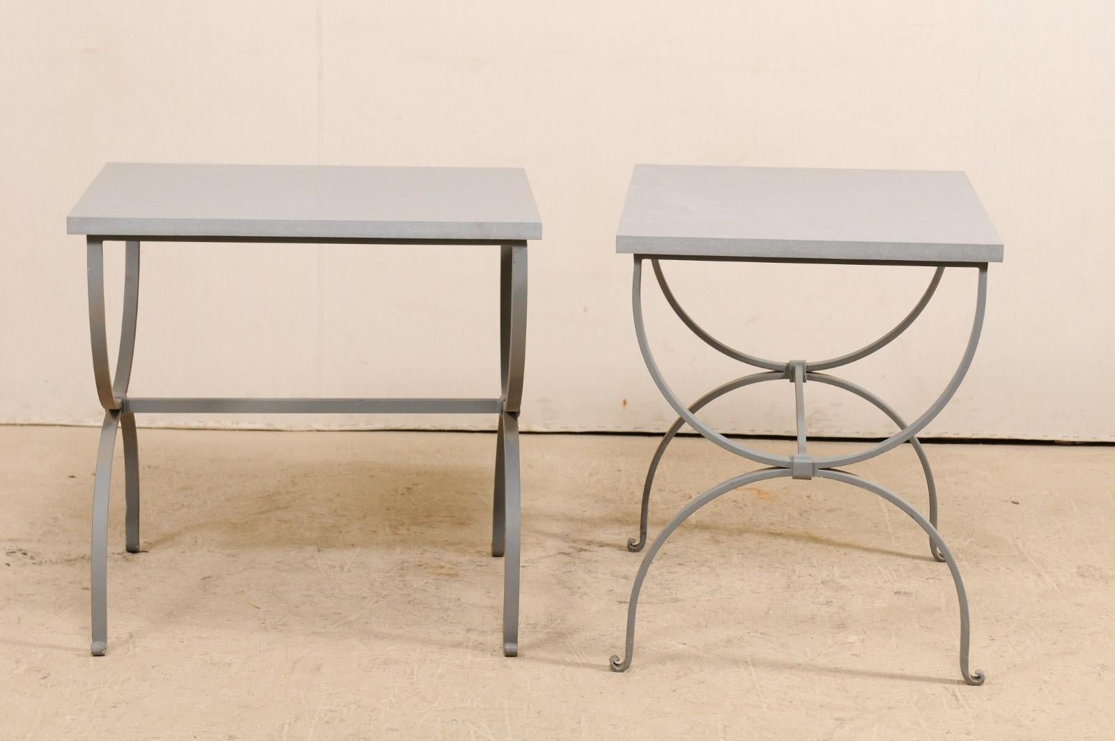 20th Century Pair of American Custom Iron Occasional Curule Tables with Stone Tops