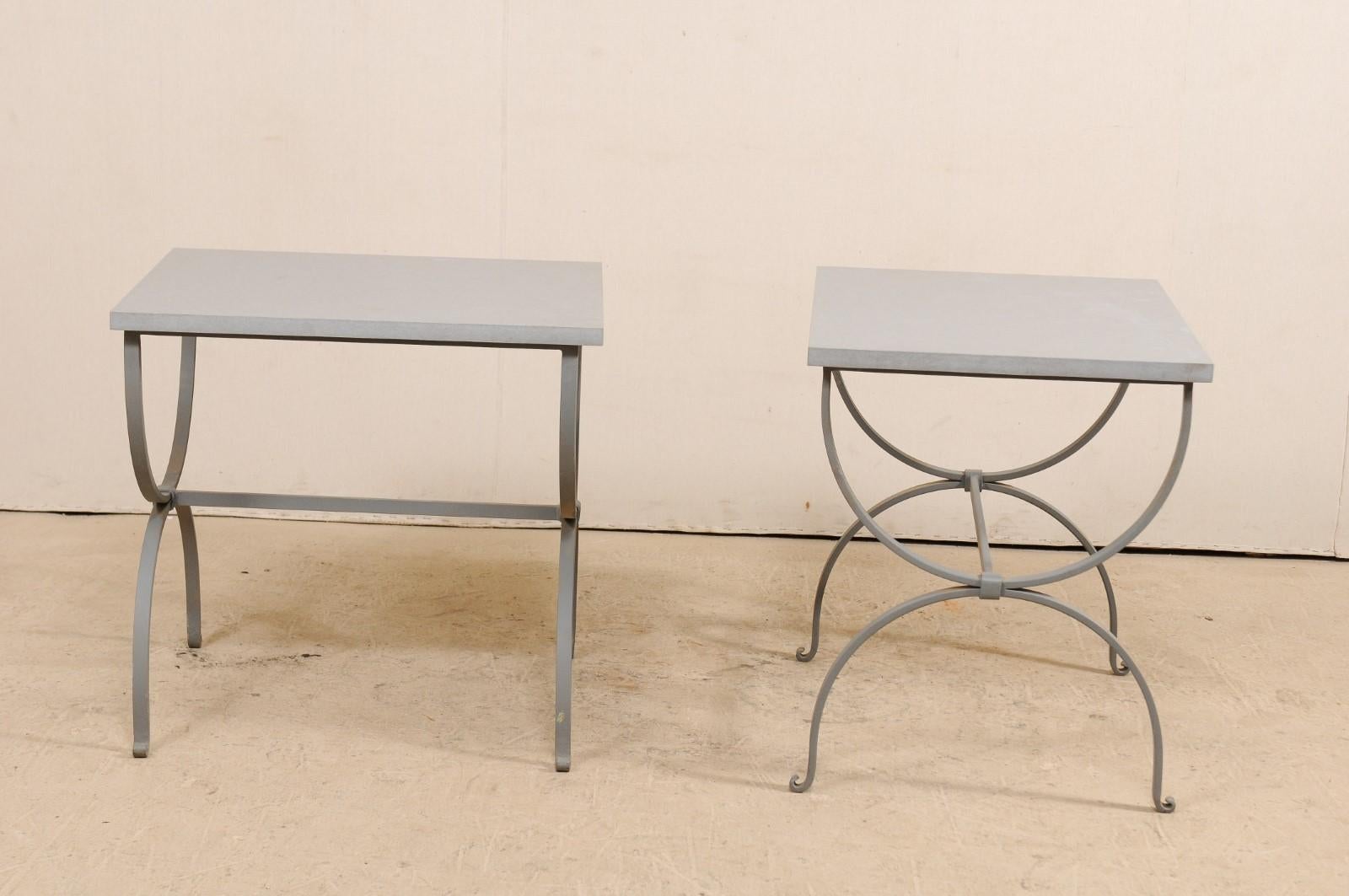 Metal Pair of American Custom Iron Occasional Curule Tables with Stone Tops