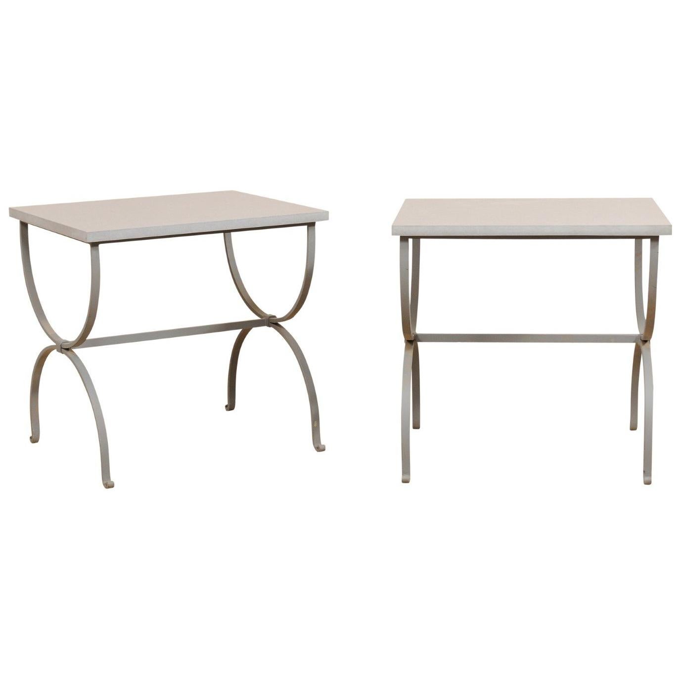 Pair of American Custom Iron Occasional Curule Tables with Stone Tops