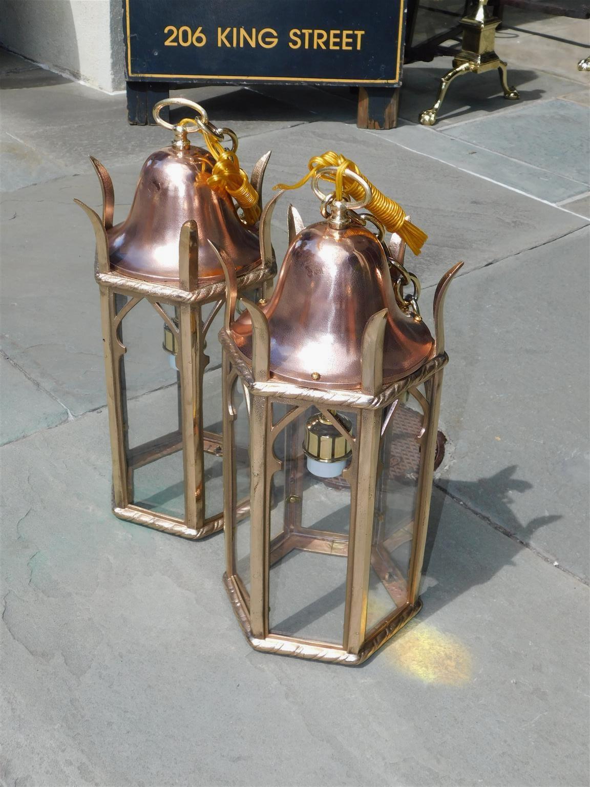 American Empire Pair of American Dome Copper and Brass Decorative Hanging Hall Lanterns, C. 1850 For Sale