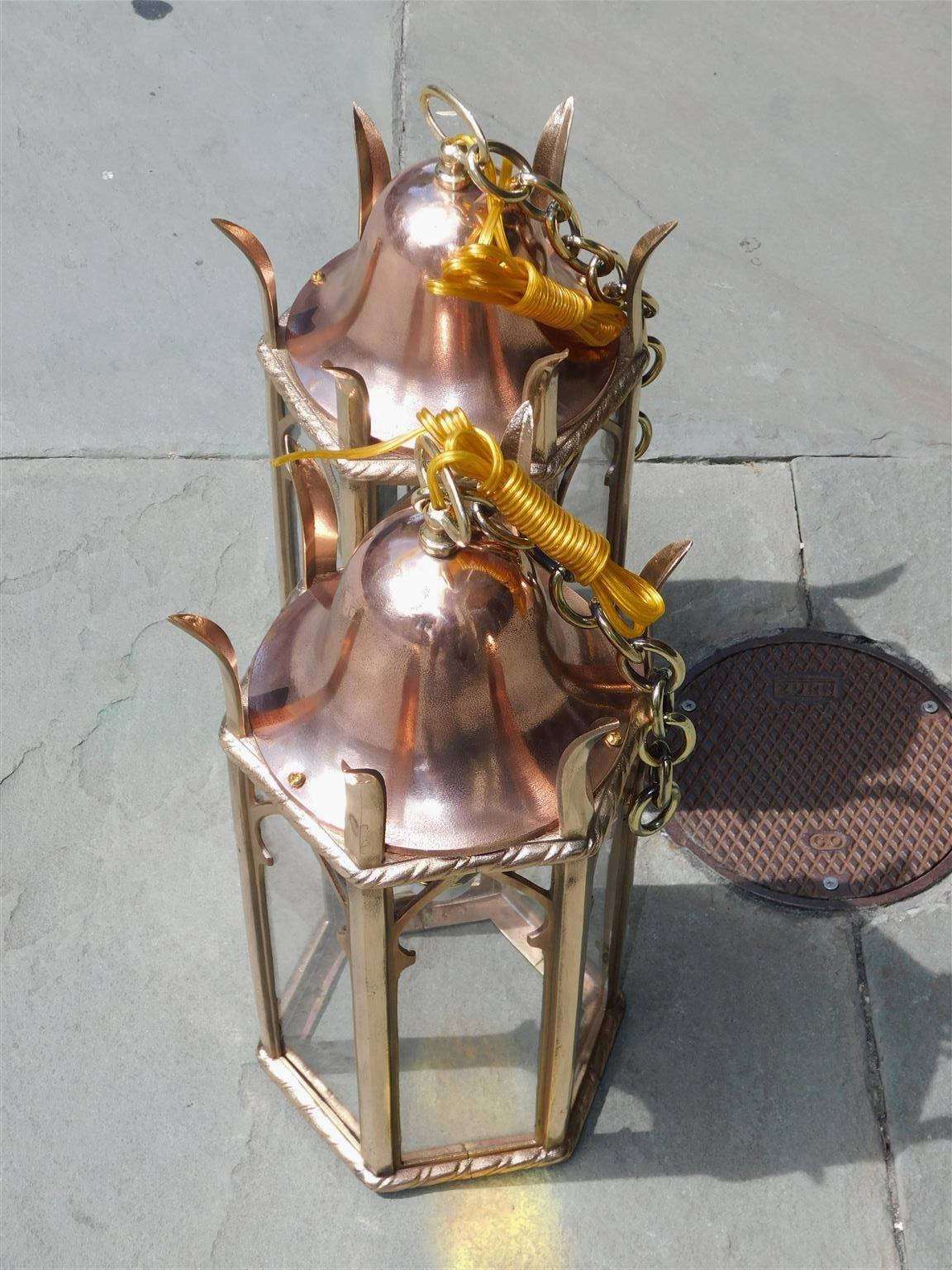 Cast Pair of American Dome Copper and Brass Decorative Hanging Hall Lanterns, C. 1850 For Sale