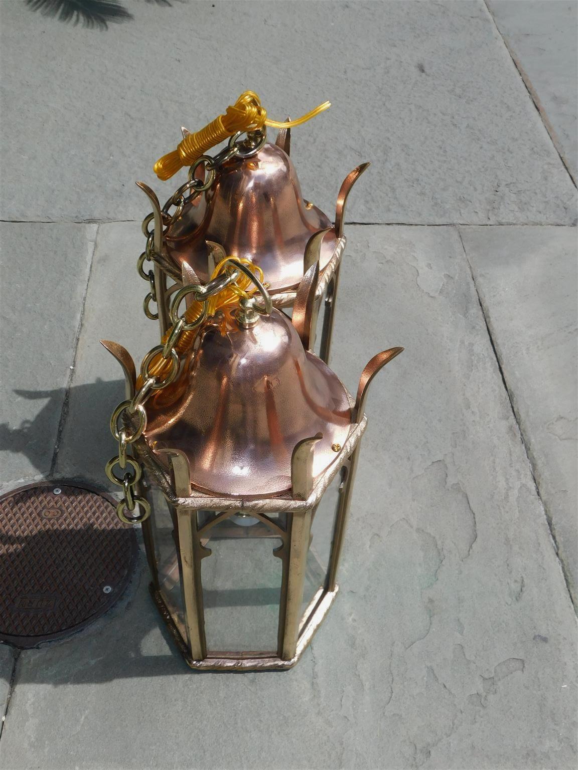 Pair of American Dome Copper and Brass Decorative Hanging Hall Lanterns, C. 1850 In Excellent Condition For Sale In Hollywood, SC