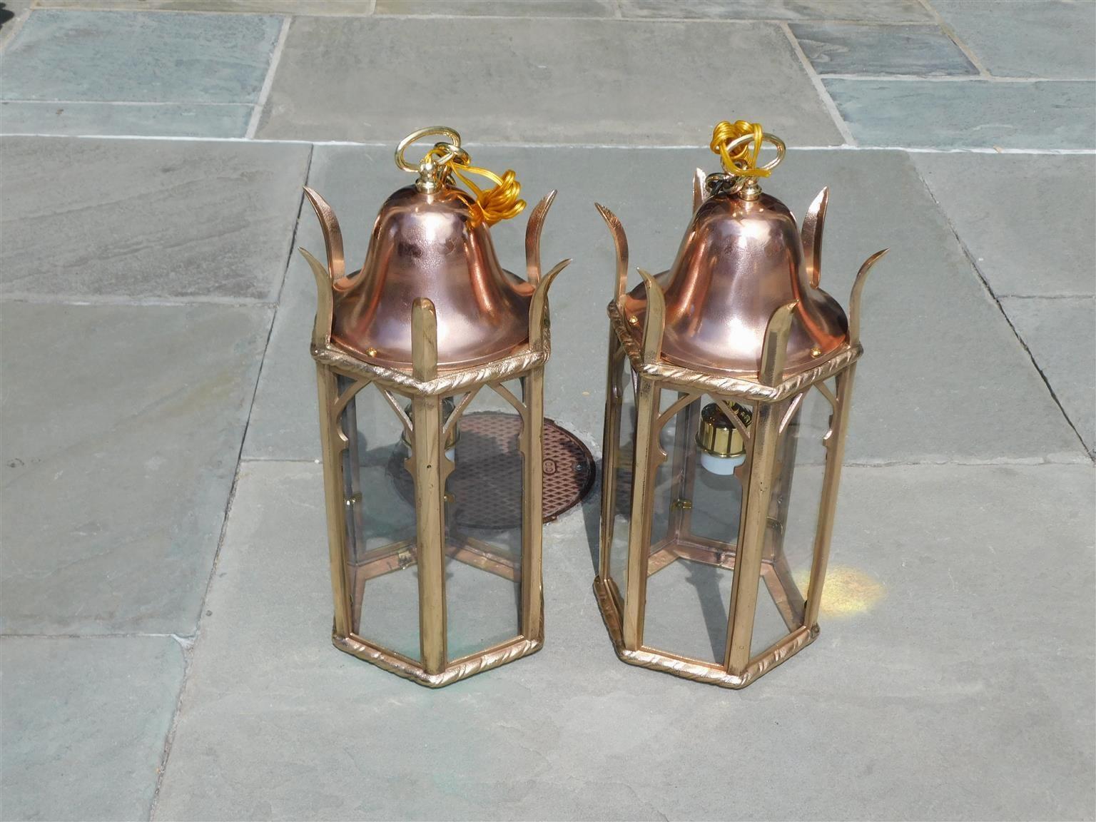 Mid-19th Century Pair of American Dome Copper and Brass Decorative Hanging Hall Lanterns, C. 1850 For Sale