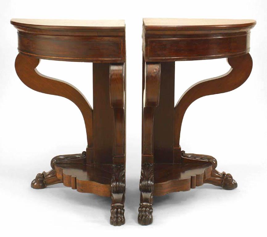Pair of American Empire mahogany corner console tables with scroll legs (PRICED AS Pair)
