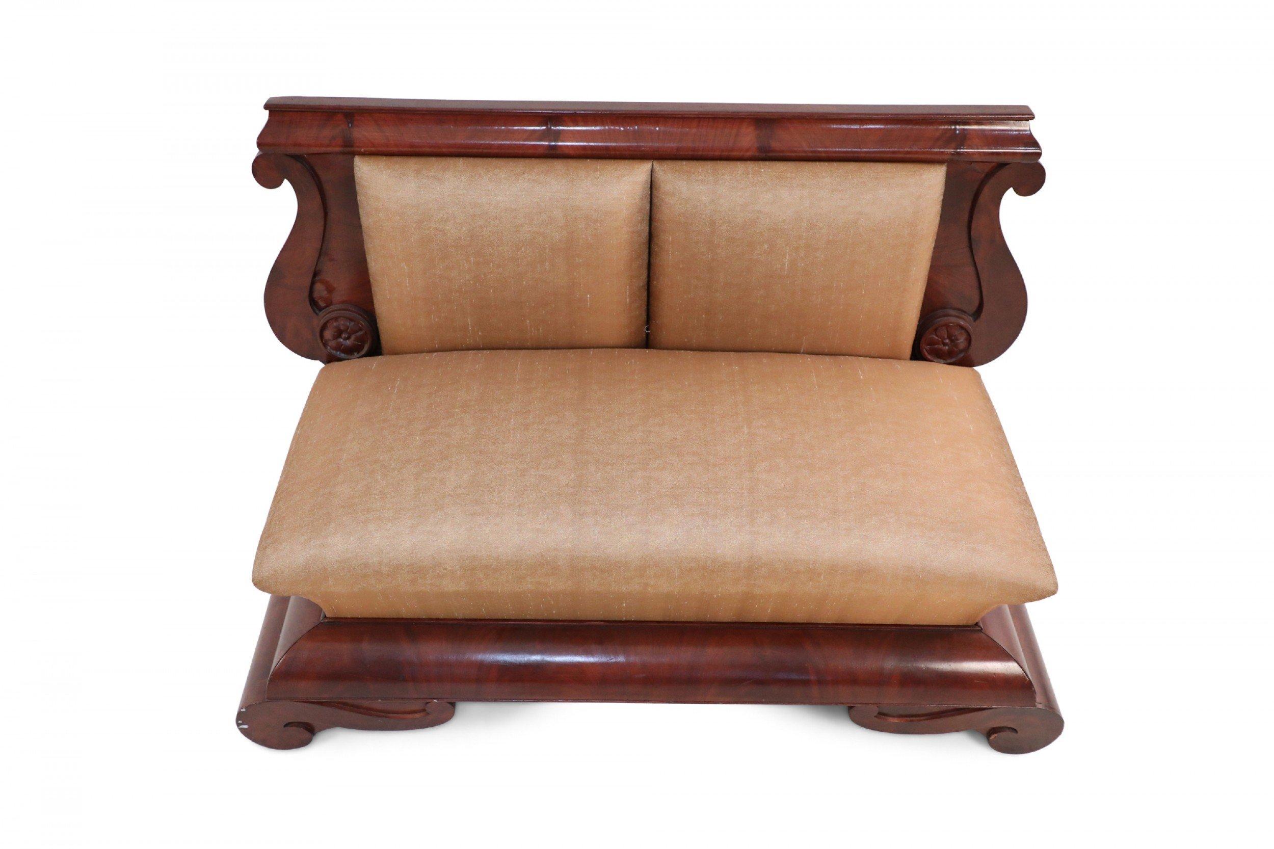 Pair of American Empire Crotch Mahogany Veneer Upholstered Window Seats For Sale 7