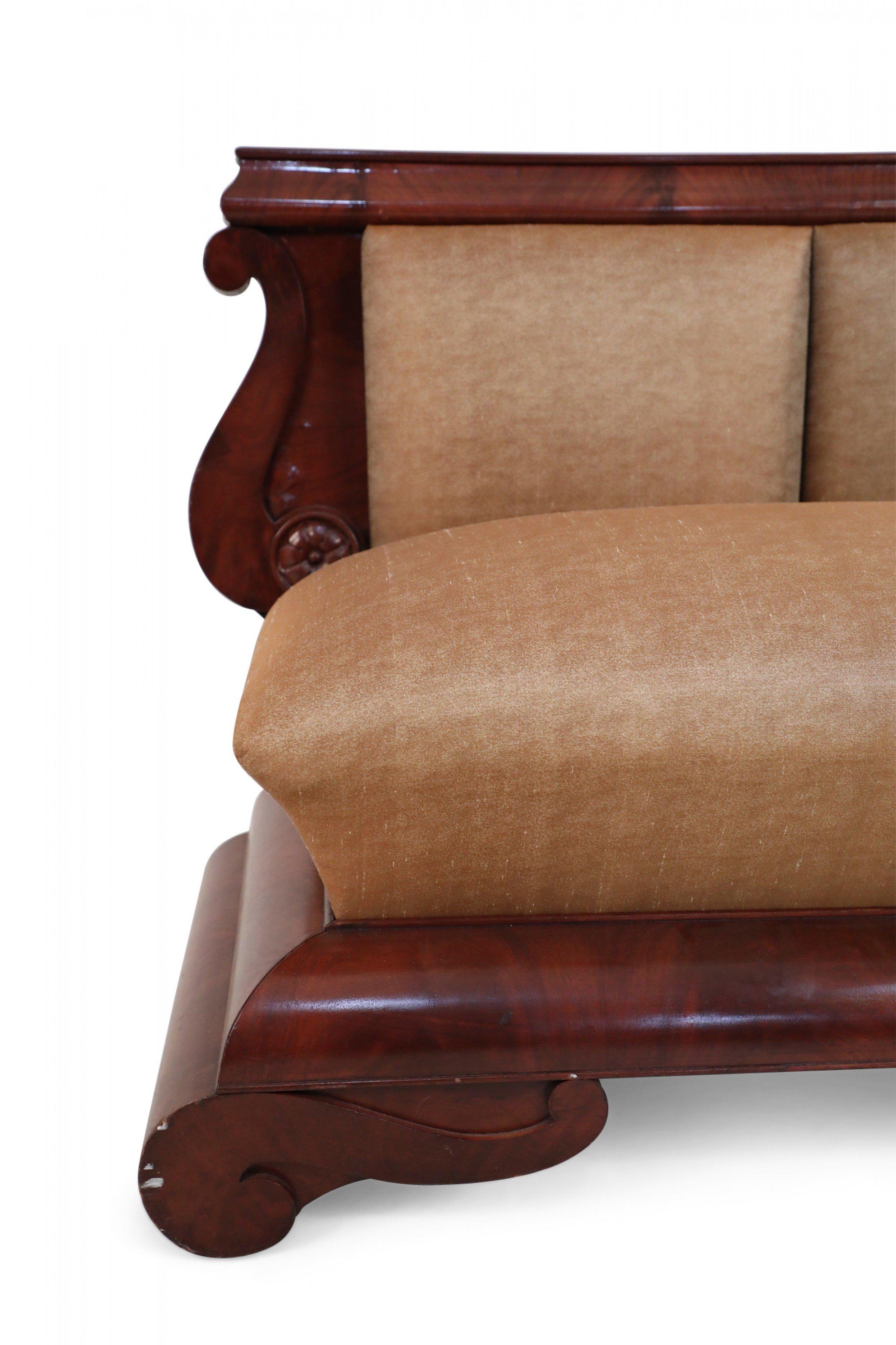 Pair of American Empire Crotch Mahogany Veneer Upholstered Window Seats For Sale 3