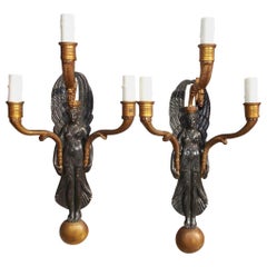 Antique Pair of American Empire Figural Gilt Bronze Three-Light Sconces, Circa 1830