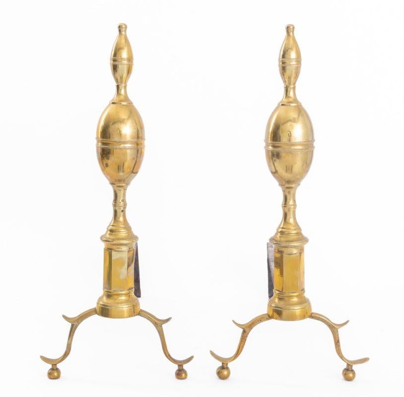 Pair of American Federal Brass Andirons or Chenets, each with 