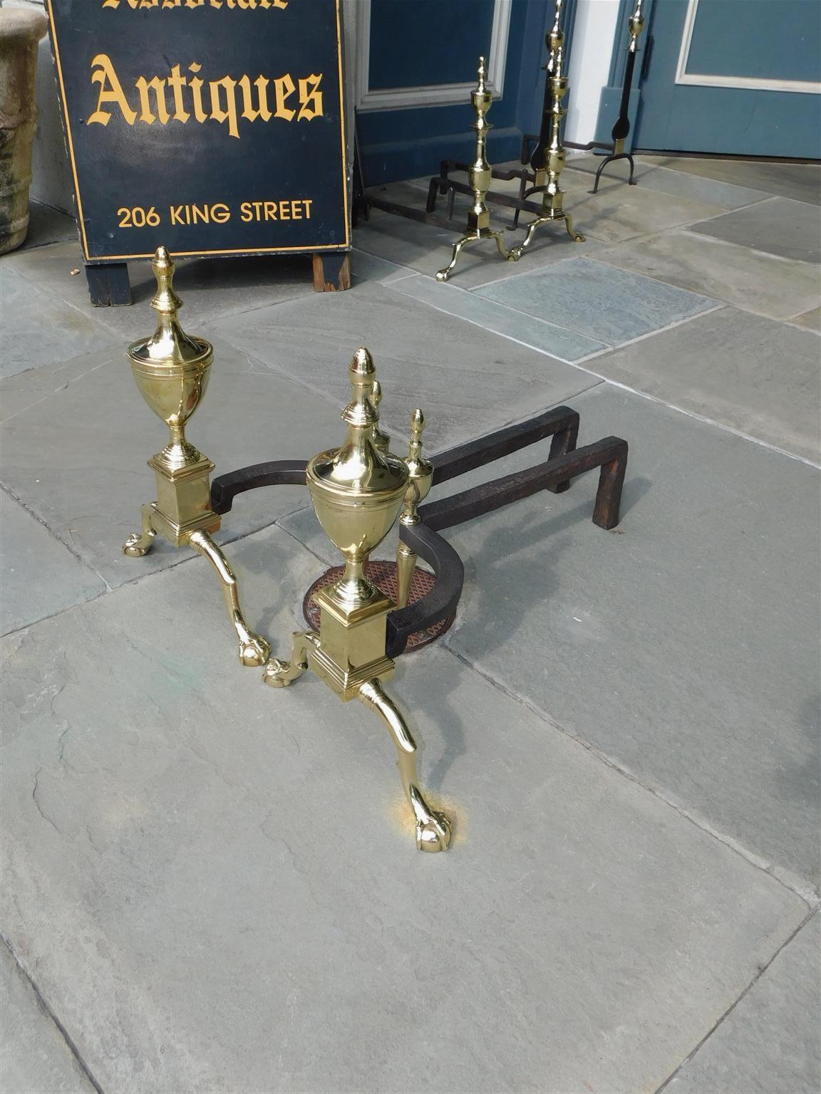 Cast Pair of American Federal Brass Flanking Urn Finial Engraved Andirons Phil C 1800 For Sale