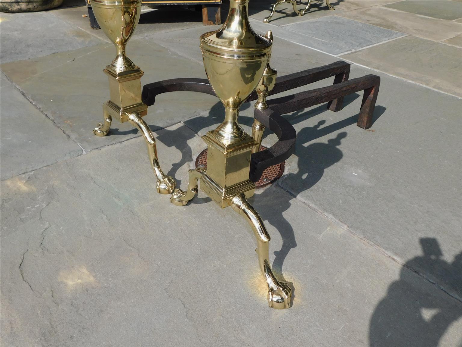 Early 19th Century Pair of American Federal Brass Flanking Urn Finial Engraved Andirons Phil C 1800 For Sale