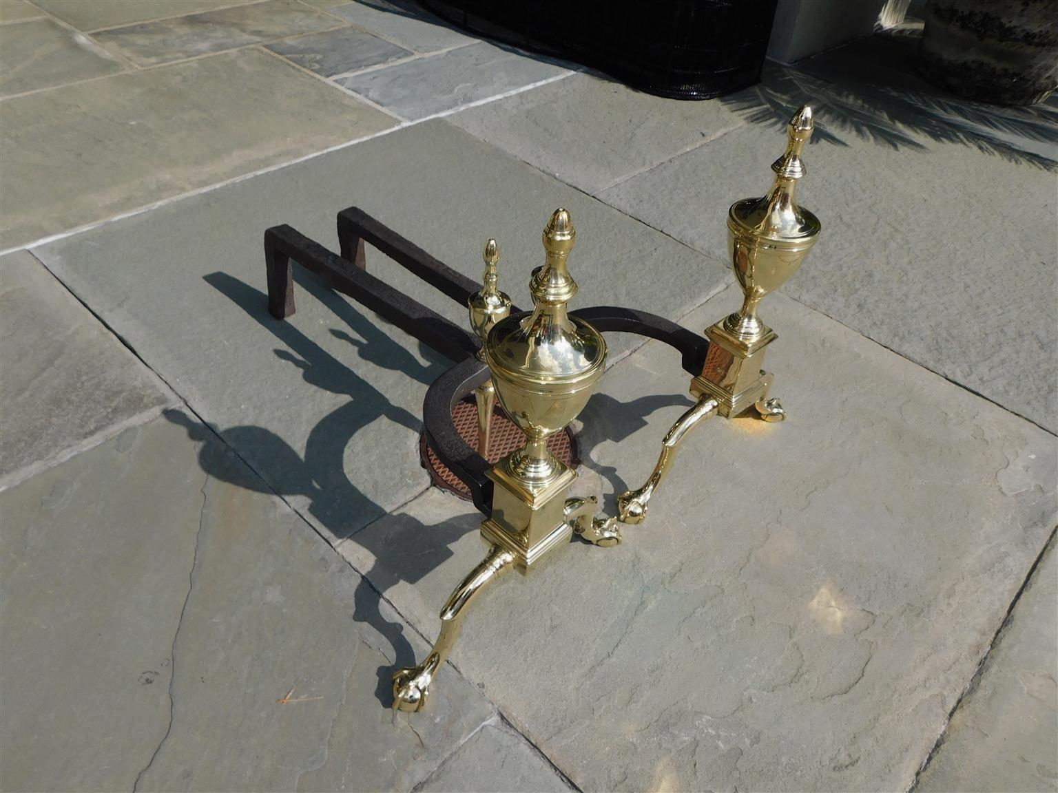 Pair of American Federal Brass Flanking Urn Finial Engraved Andirons Phil C 1800 For Sale 1