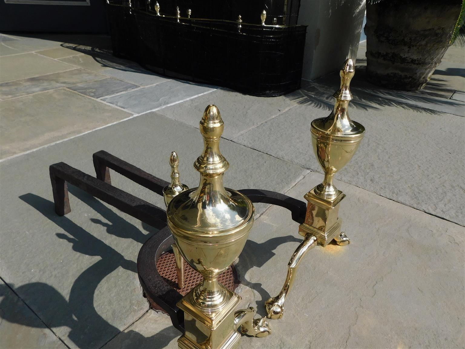 Pair of American Federal Brass Flanking Urn Finial Engraved Andirons Phil C 1800 For Sale 2