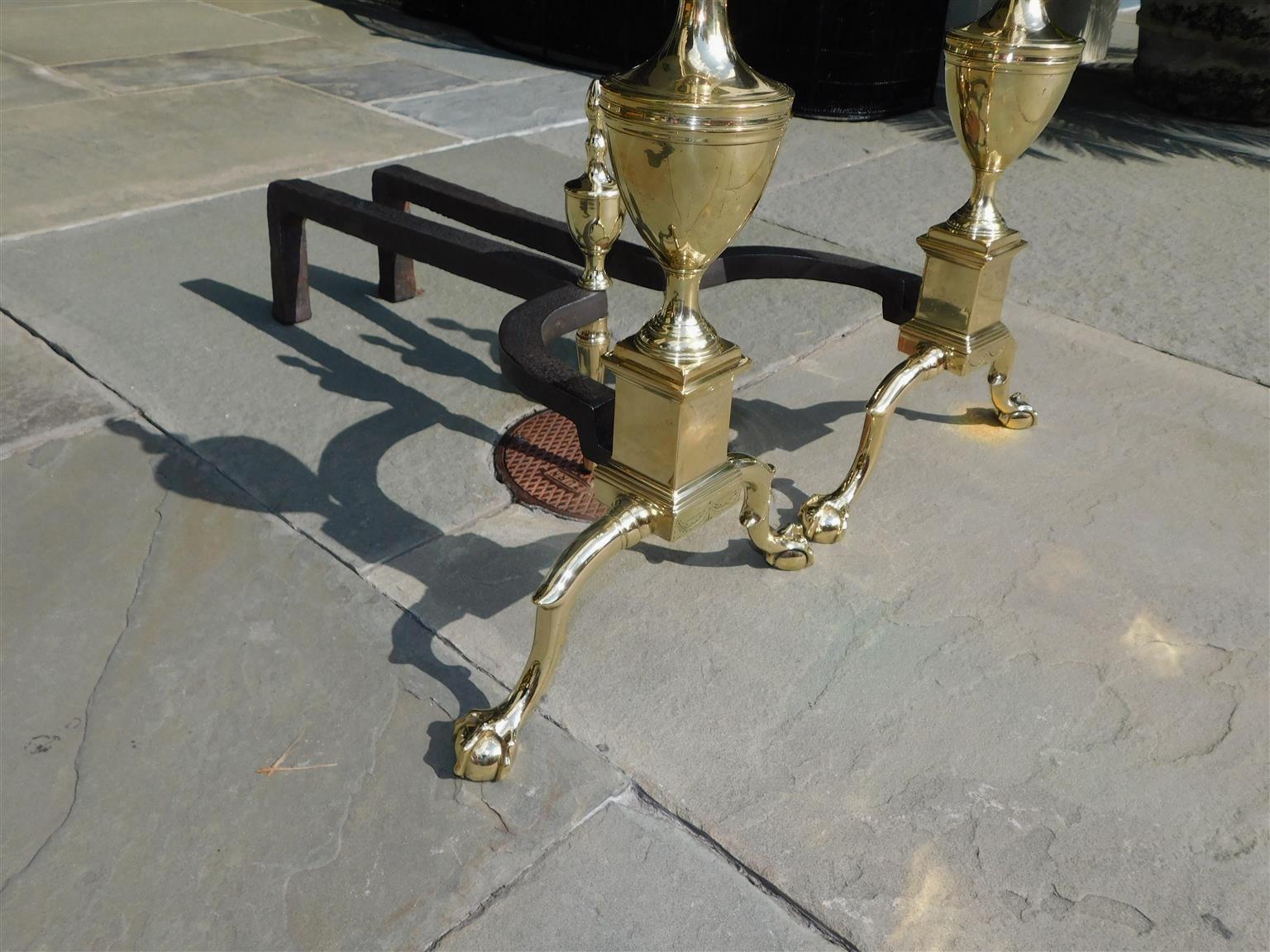 Pair of American Federal Brass Flanking Urn Finial Engraved Andirons Phil C 1800 For Sale 3
