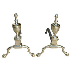 Antique Pair of American Federal Brass Urn Finial Andirons with Ball & Claw Feet C 1800