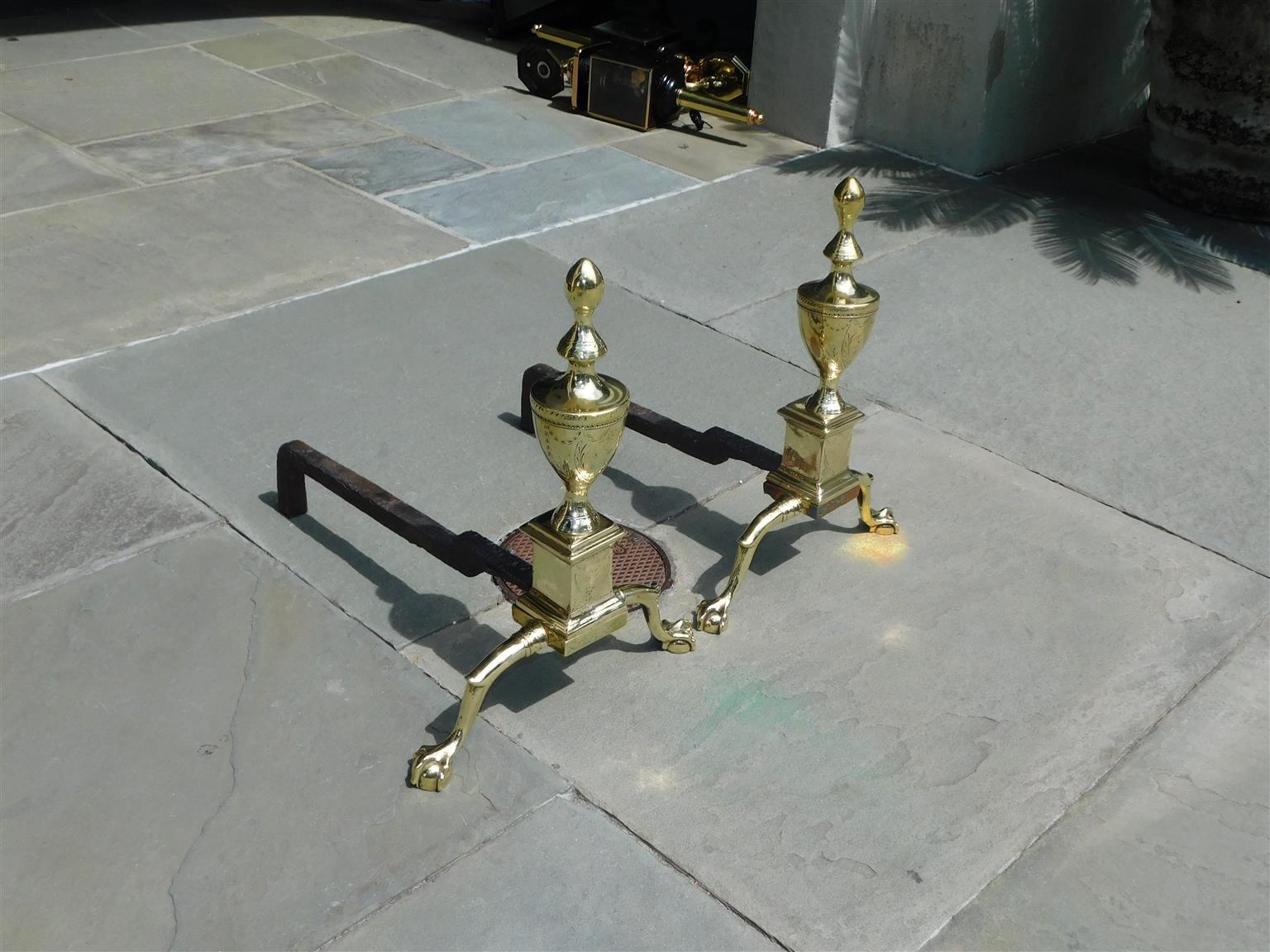 Cast Pair of American Federal Brass Urn Finial Shield Engraved Andirons. Phil. C 1800 For Sale