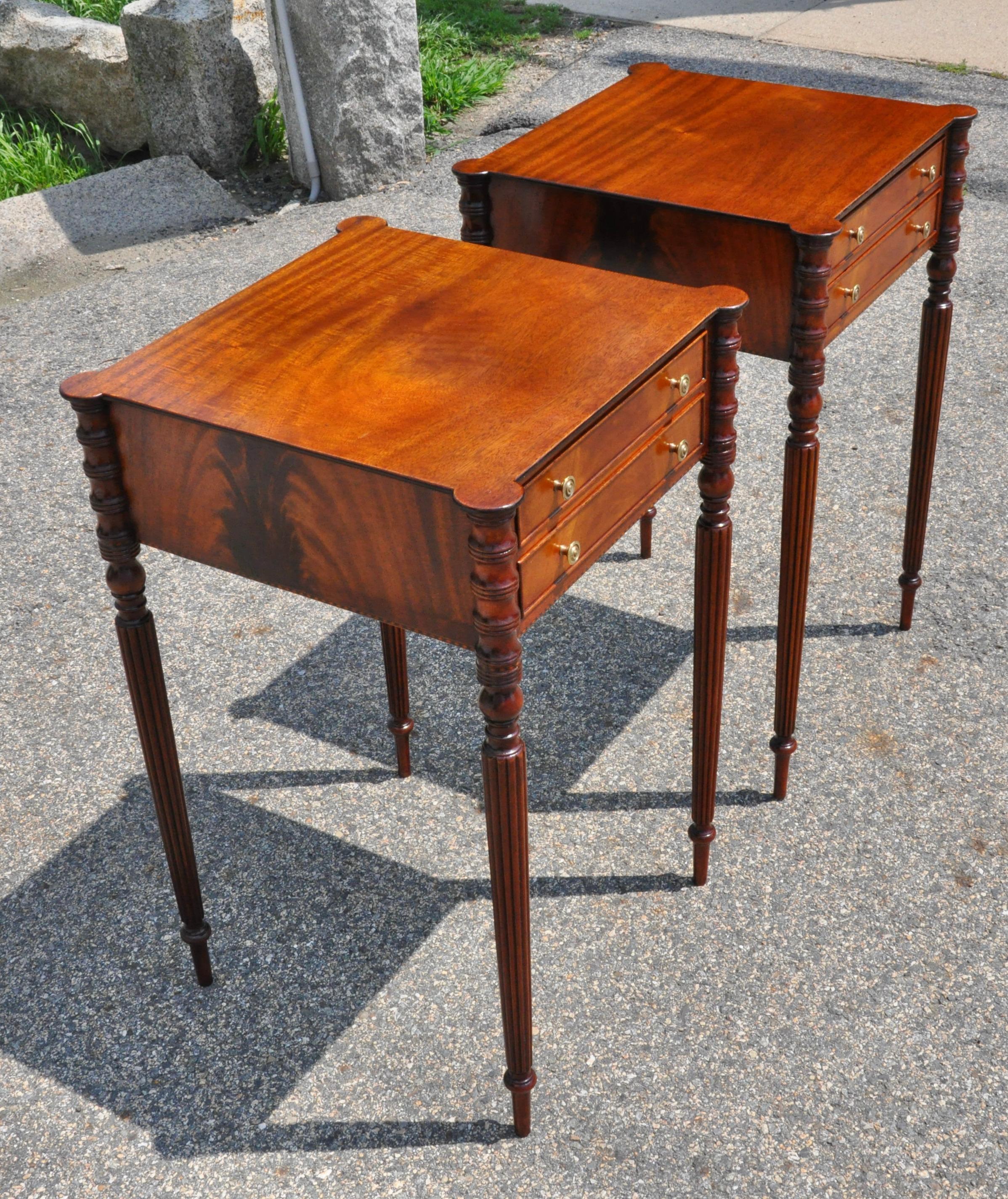 Pair of Boston Federal style side tables. Mahogany with wonderful figuring. Boston custom made. Period construction and finished in back.