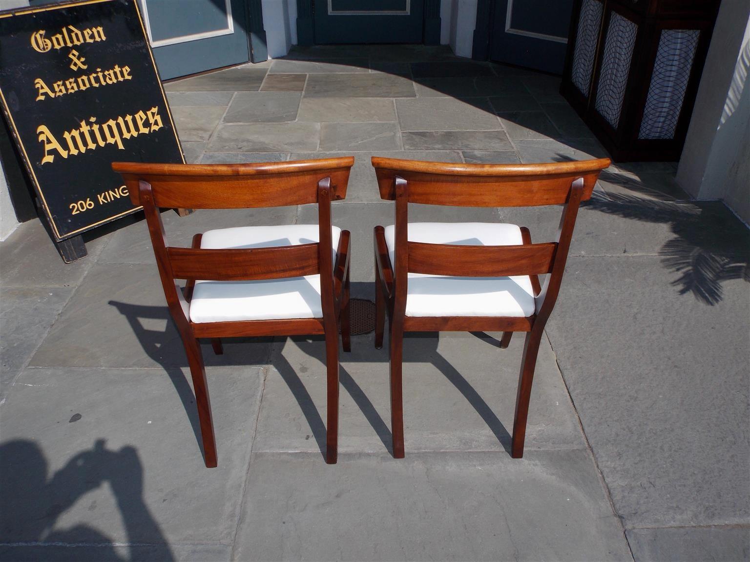 Muslin Pair of American Federal Mahogany Upholstered Side Chairs on Saber Legs, C. 1820