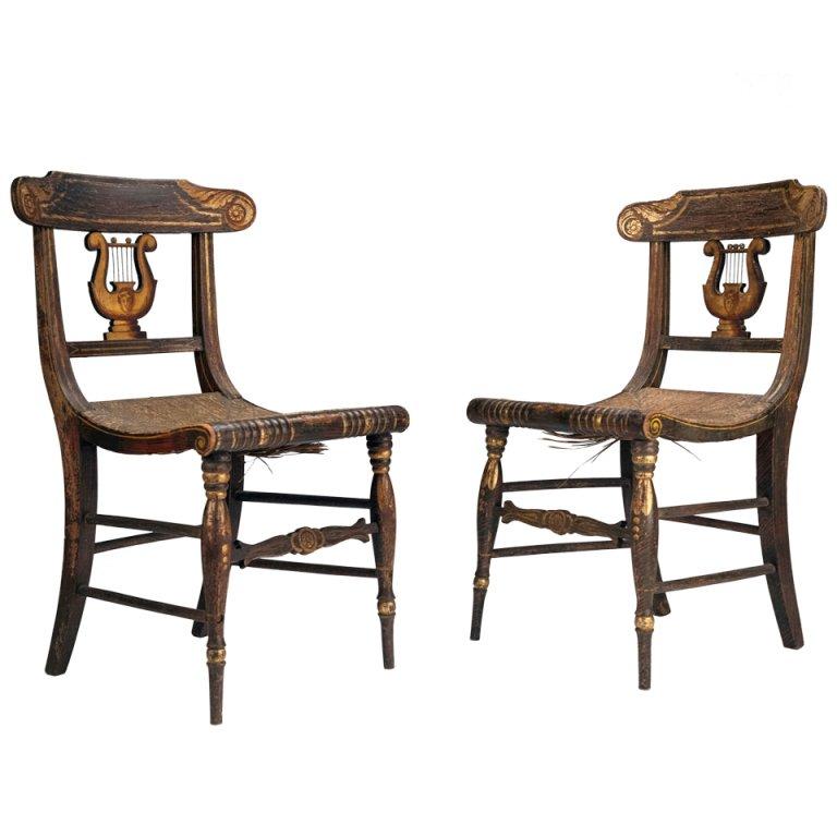 Pair of American Federal Painted Lyre Back Chairs