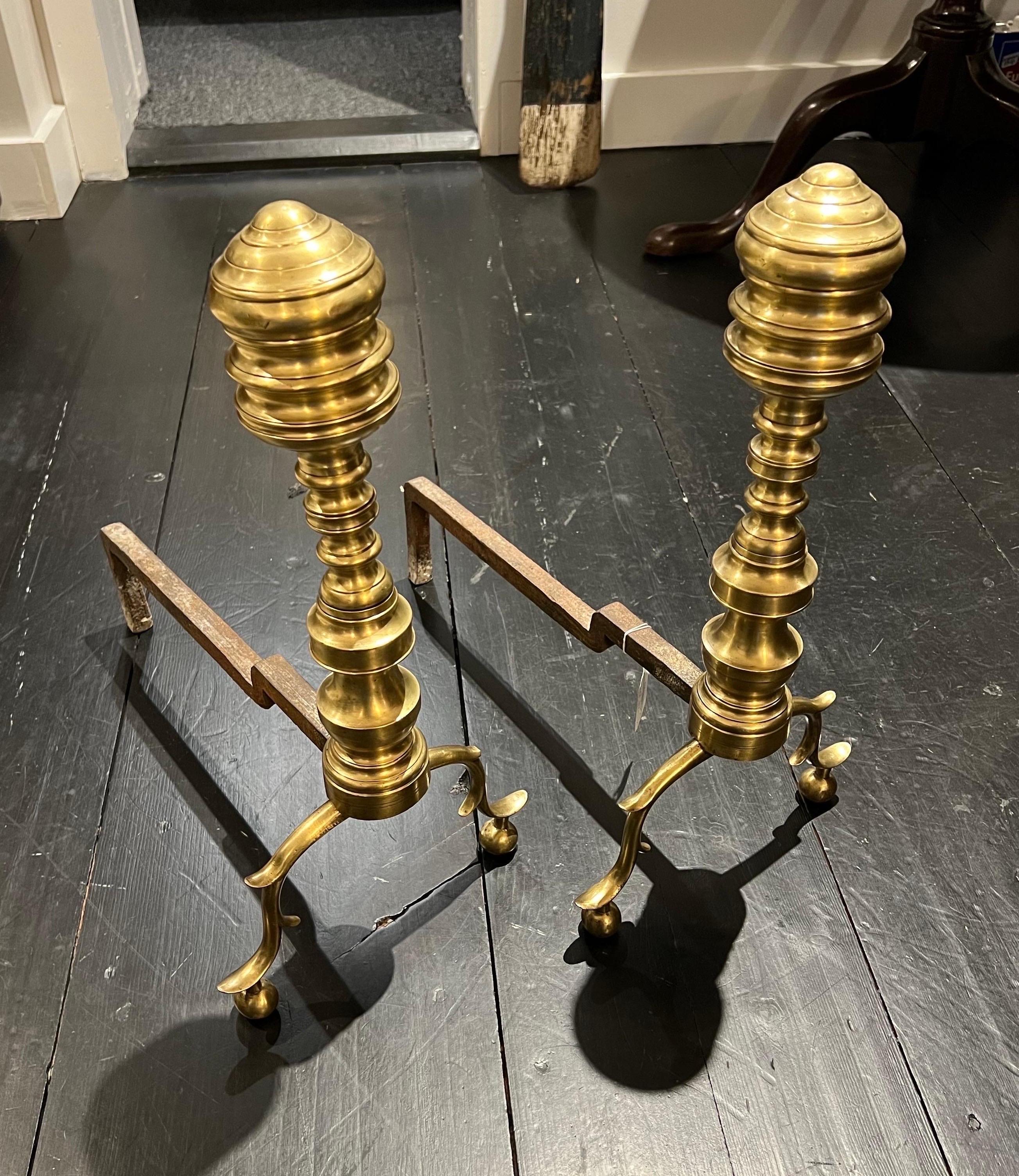 Patinated Pair of American Federal Period Finial Form Brass Andirons