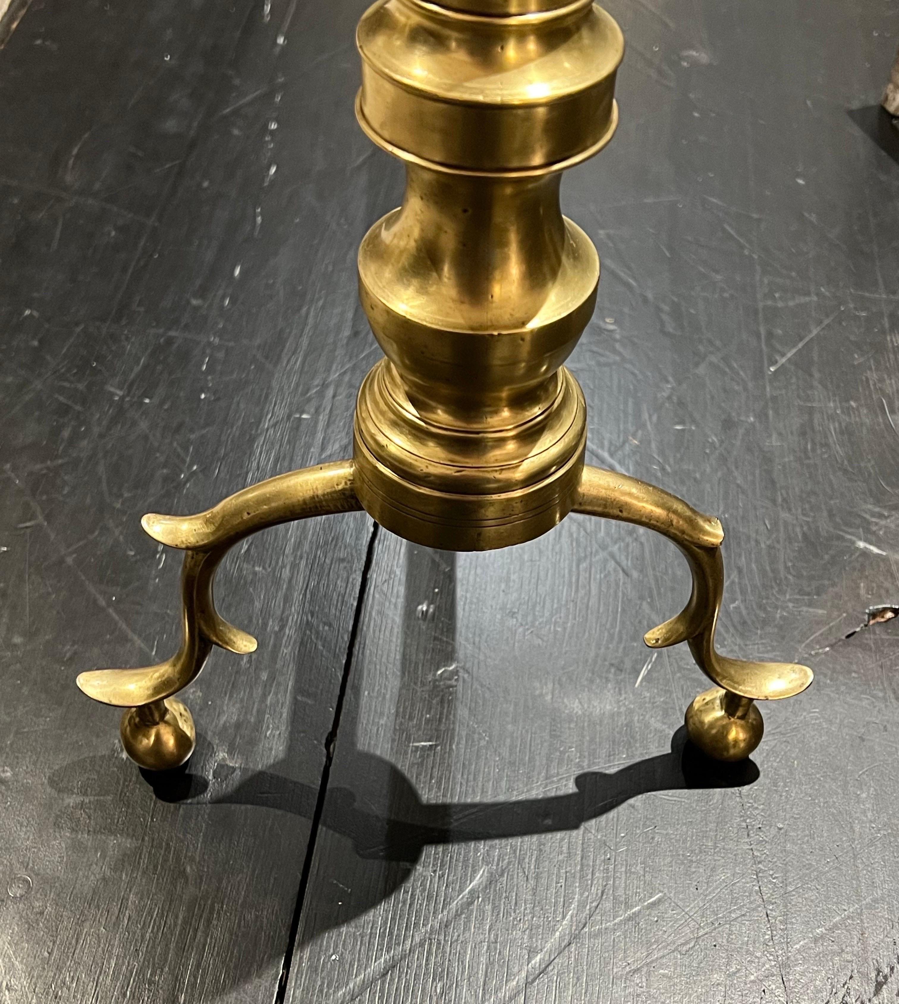 19th Century Pair of American Federal Period Finial Form Brass Andirons