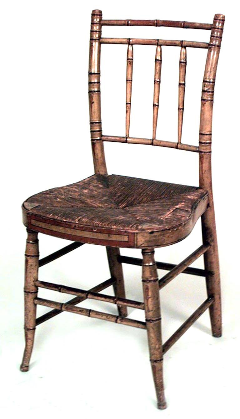 Pair of American Federal faux bamboo painted side chairs with spindle back and rush seat with cushion
