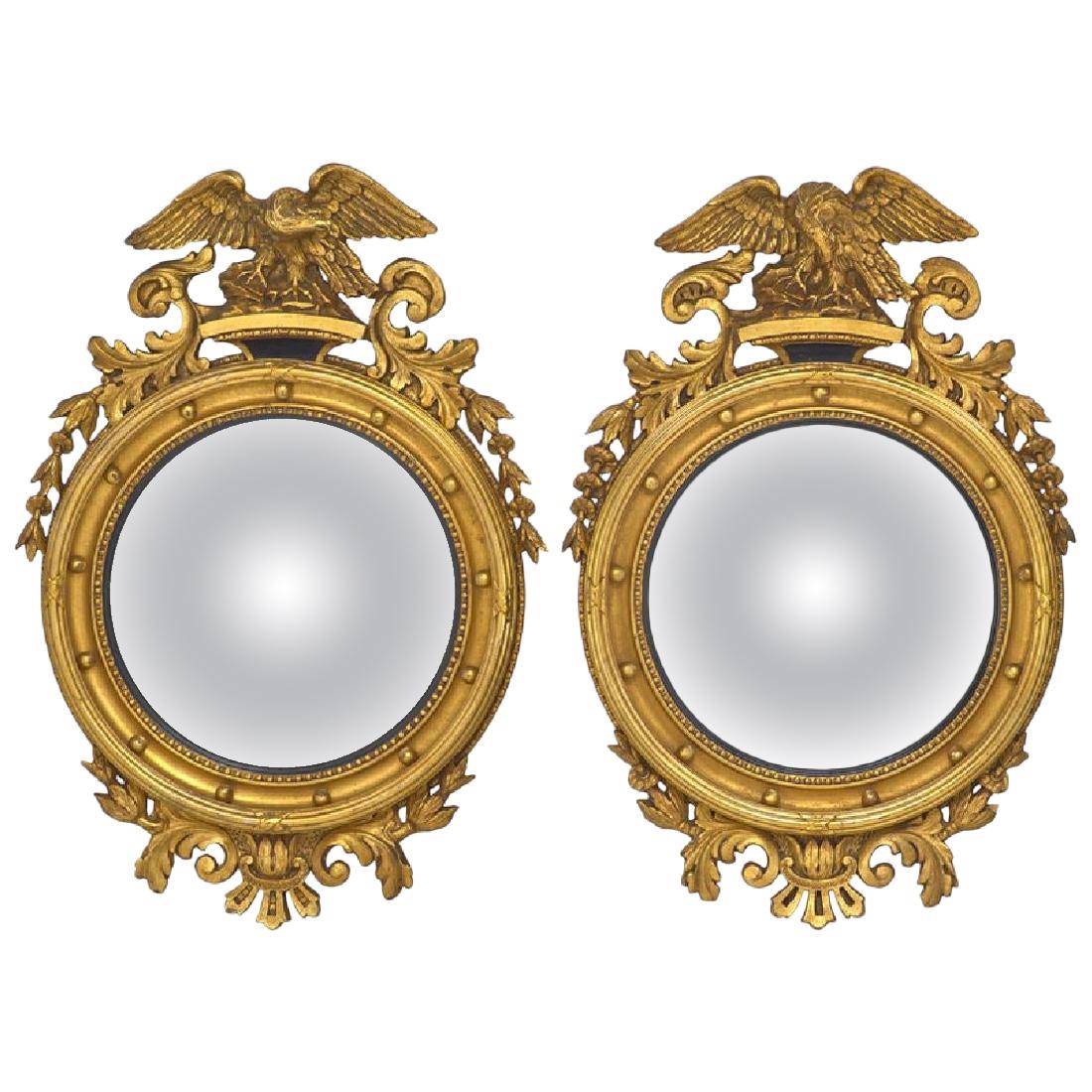American Federal Style Round Convex Giltwood Mirrors with Opposing Eagles, Pair