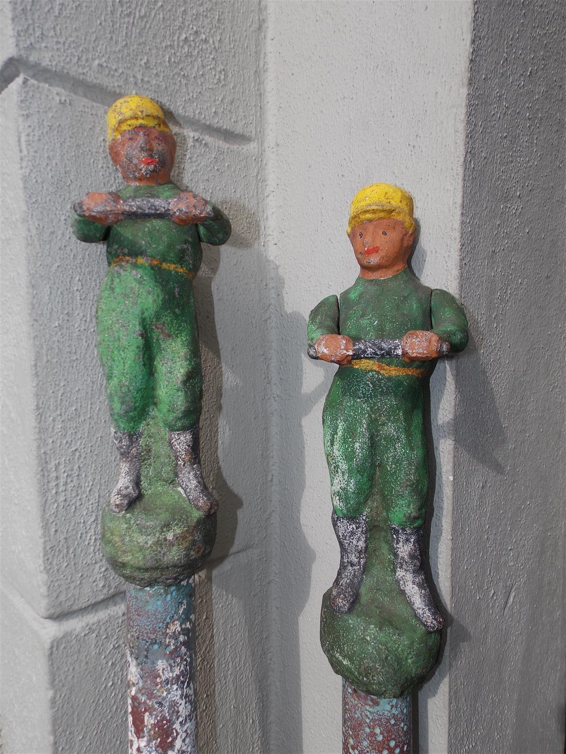 Mid-19th Century Pair of American Figural Jockey Painted Cast Iron Swivel Hitching Post. C. 1850 For Sale