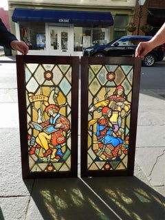 Pair of American Figural Leaded Stained Glass Windows " Poetry & Couple" C. 1880