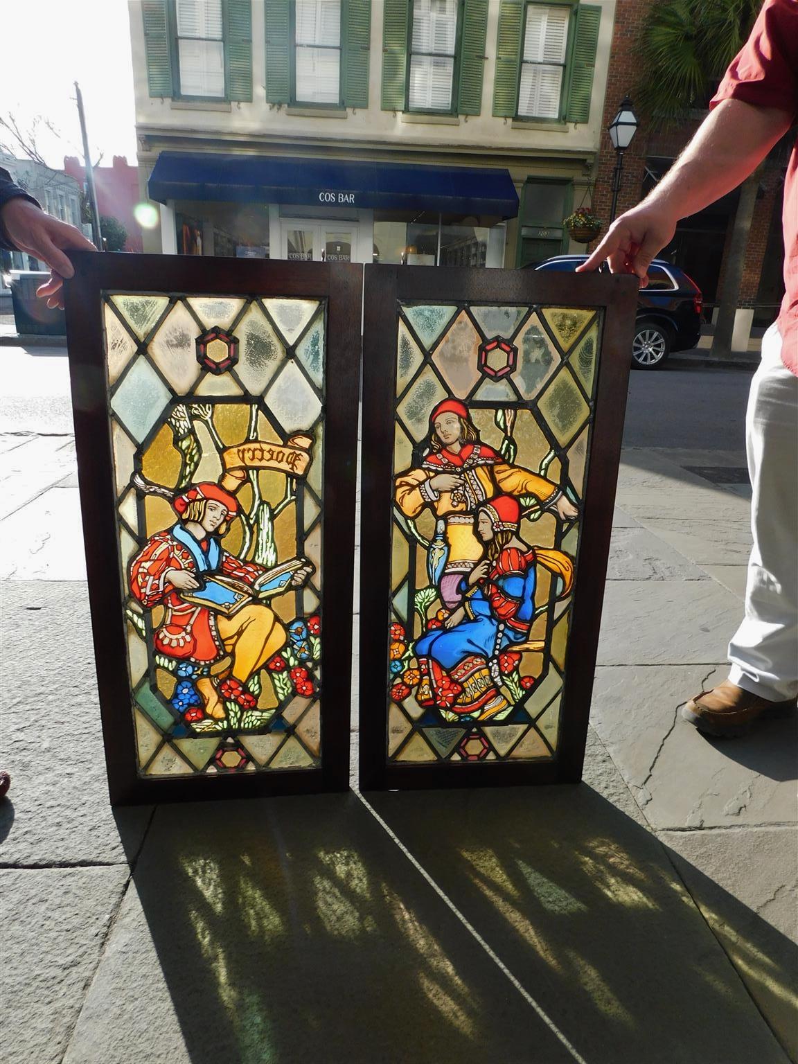 Cast Pair of American Figural Leaded Stained Glass Windows 