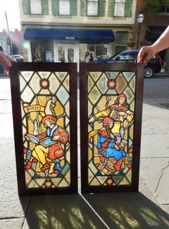 Pair of American Figural Leaded Stained Glass Windows " Poetry & Couple" C. 1880