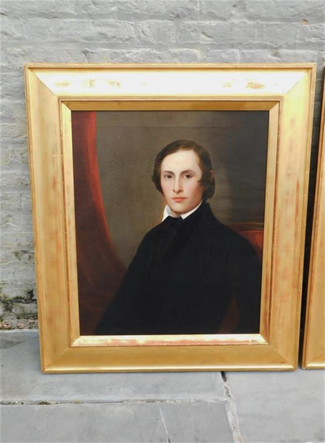 Americano Coppia di ritratti figurativi americani olio su tela in cornici dorate originali, C.C. 1840 in vendita