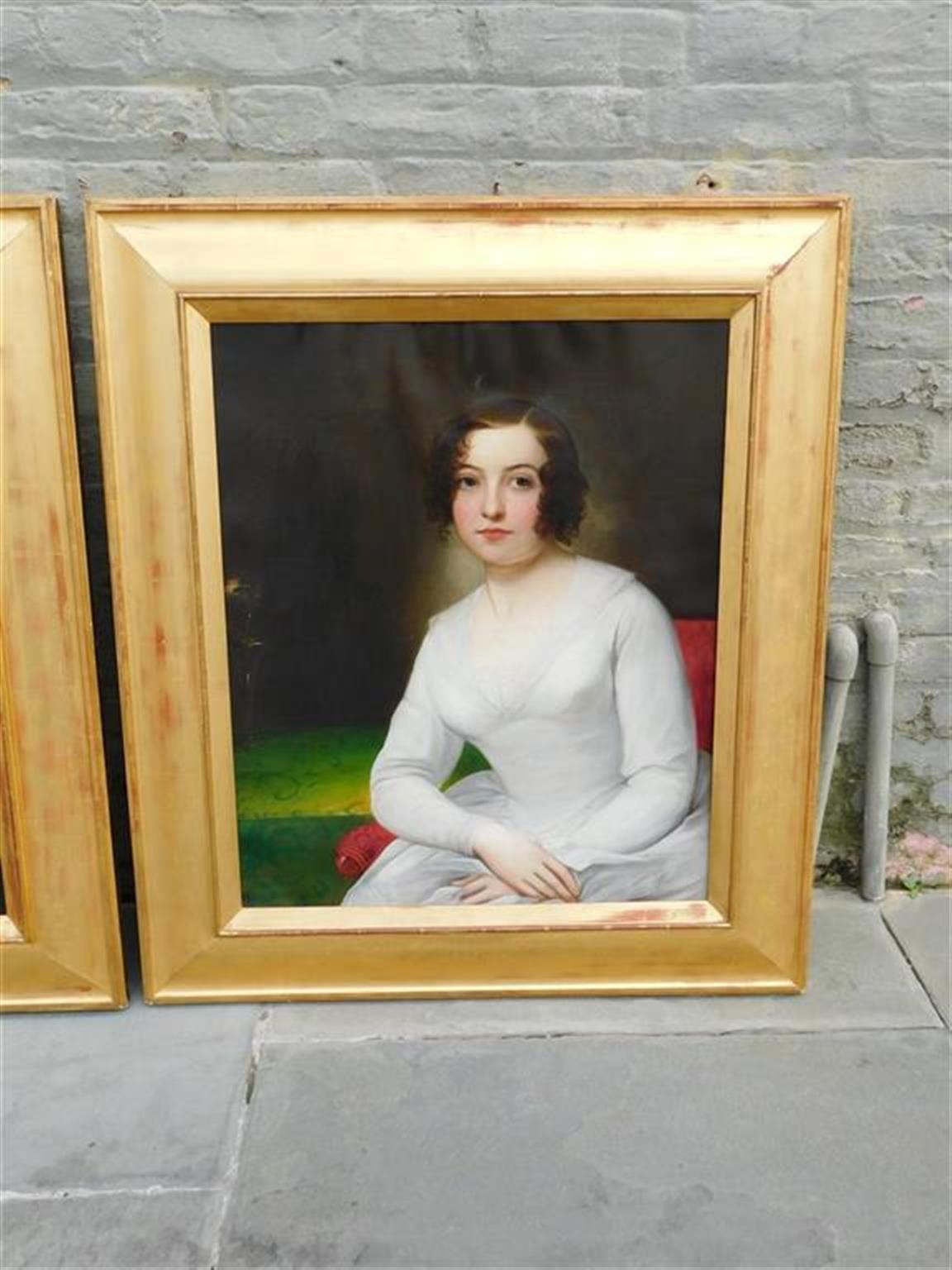 Dorato Coppia di ritratti figurativi americani olio su tela in cornici dorate originali, C.C. 1840 in vendita
