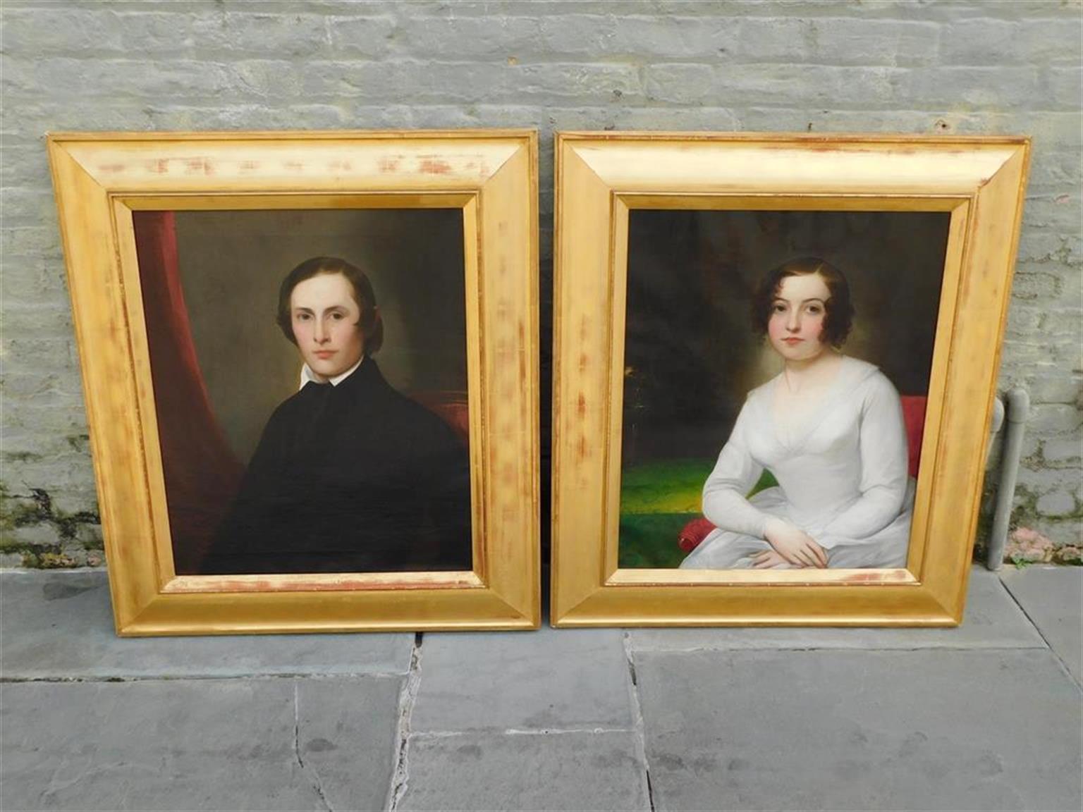 Coppia di ritratti figurativi americani olio su tela in cornici dorate originali, C.C. 1840 In condizioni ottime in vendita a Charleston, SC