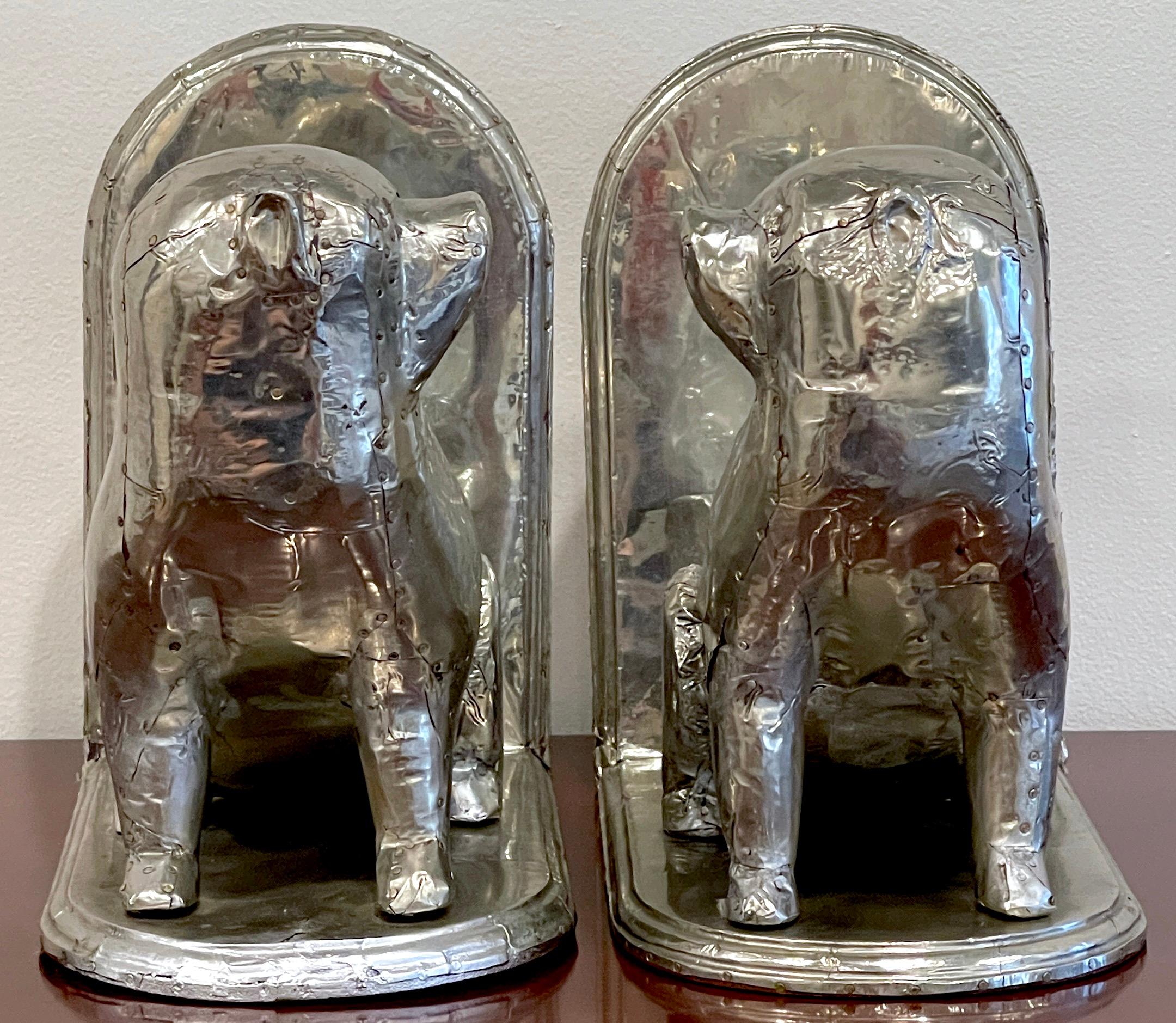 Pair of American Folk Art Tin Clad Pug Dog Bookends In Good Condition For Sale In West Palm Beach, FL