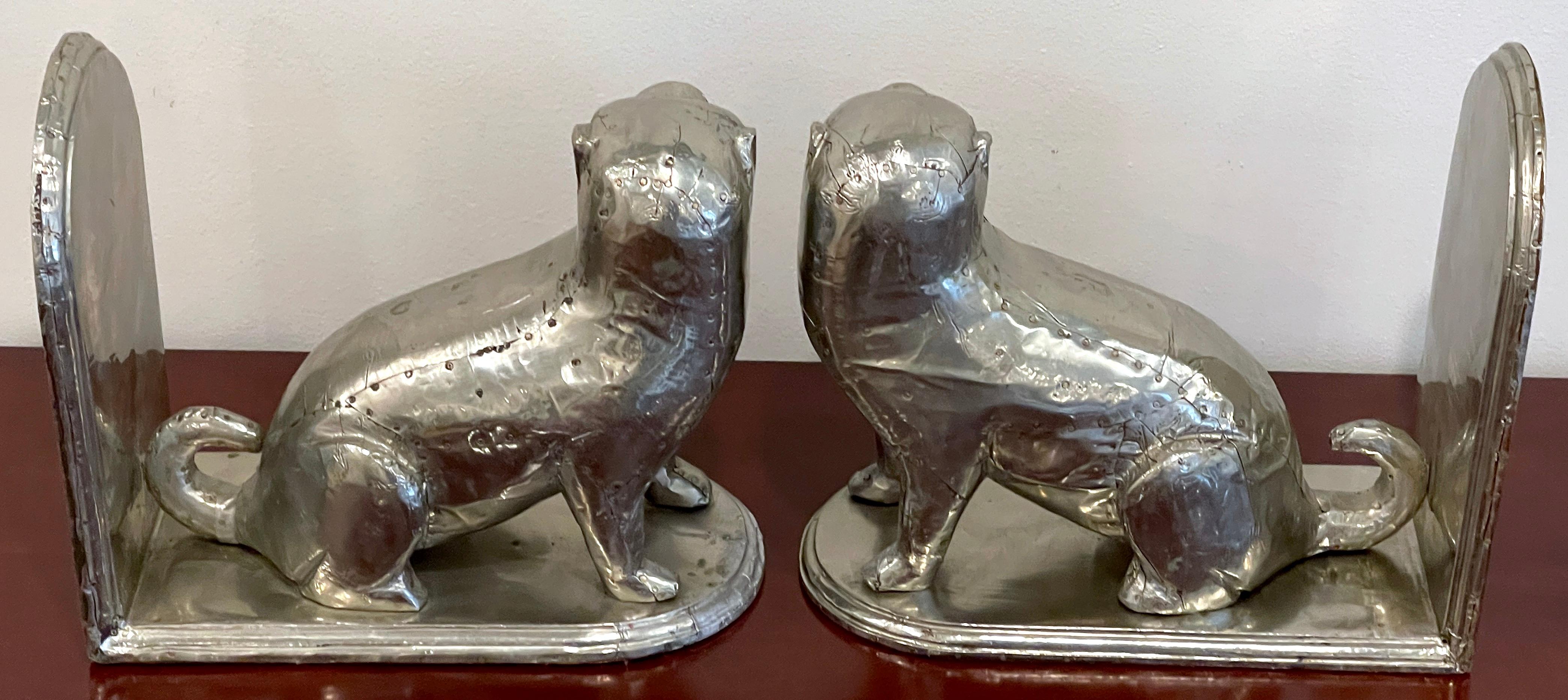 20th Century Pair of American Folk Art Tin Clad Pug Dog Bookends For Sale